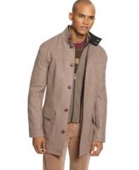 A nod to sixties outerwear, this wool blend car coat from Kenneth Cole features fine tailoring through the chest, broad flap pockets and a stand-up collar to catch you at your most dashing.