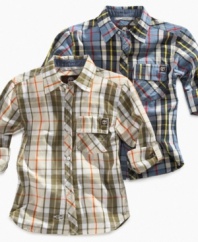 Upgrade his outfit with this preppy plaid shirt from Timberland.
