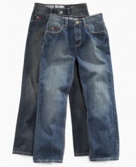 The jeans make the look.   Sandblasting adds a cool vintage look to these jeans from Tommy Hilfiger.