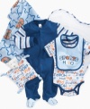 A six-piece sports themed set from Cutie Pie Baby gives him everything he needs to look like he's a baller beyond his years. Includes: 1 bib; 1 plush toy; 1 blanket; 1 footed coverall; 1 short-sleeved tee and 1 bodysuit.