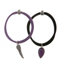 A pretty pair. Lucky Brand's set of two stylish hair bands includes wing and colored glass charms. Made in elastic with silver tone mixed metal accents. Approximate diameter: 1-3/4 inches.