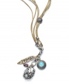 Charm them with your fab style sense. Lucky Brand's layered necklace combines a bohemian-chic mix of semi-precious stones strung from multiple strands of leather. Set in mixed metal. Approximate length: 24 inches + 2-inch extender. Approximate drop: 4-3/8 inches.