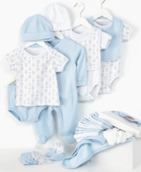 Play time will be anything but blue with this adorable 22-piece boys gift set from Kyle & Deena. Included: 1 footed coverall; 1 diaper cover; 3 pairs of socks; 2 caps; 1 hooded towel; 2 short-sleeved bodysuits; 2 bibs; 2 pairs of mittens; 1 short-sleeved tee; 6 washcloths and 1 pair of booties.