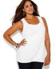 Rosette applique refreshes the basic plus size tank top by INC-- it's a must-have for spring style!