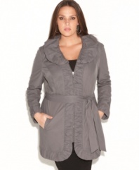 Ruffles add feminine frills to the classic plus size trench coat by INC-- it's a must-have lightweight layer!
