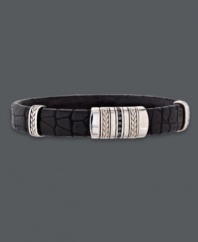 Sleek sophistication. This stylish men's cuff bracelet features a genuine crocodile band, sterling silver accents, and round-cut black diamonds (1/4 ct. t.w.). Approximate length: 8-1/2 inches. Approximate width: 1/2 inch.