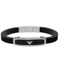 On point and in style. This Emporio Armani men's bracelet is a staple to any sophisticated wardrobe with its black leather band and signature eagle logo. Setting and adjustable clasp crafted in stainless steel. Approximate length: 7-1/2 inches.