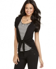 BCX makes layering look easy with this tie-front cardigan. Features an attached faux-tee!