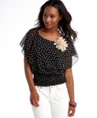 Add polka dot punch to your everyday look with this fluttery blouson top from Sequin Hearts -- made all the more cute with a removable flower pin!