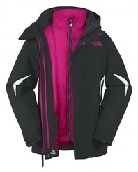 This three-in-one North Face® jacket features rugged, waterproof construction with a unique pop of color in the lining and trim.
