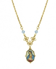 A precious way to show your faith. Vatican pendant features an oval-shaped likeness of the Virgin Mary accented by a floral design and light blue crystals. Setting and chain crafted in gold tone mixed metal. Approximate length: 16 inches + 3-inch extender. Approximate drop: 3/4 inch.