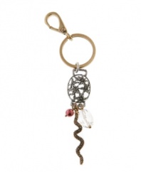 Snake charmer. Exotic elegance defines this stylish snake-themed key chain from Lucky Brand. Crafted in a combination of gold tone and silver tone mixed metal, it's embellished with glass and plastic beads. Approximate length: 3-1/2 inches.