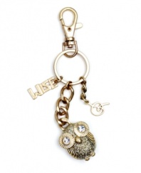 A word to the wise. RACHEL Rachel Roy's owl-themed key chain is a smart option for staying organized in style! Set in antique gold tone mixed metal, it's embellished with glittering crystal details. Approximate length: 5-1/4 inches.