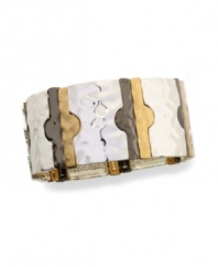 Good things happen in threes! Alfani's tri-tone bracelet blends shiny silver tone, matte gold tone and hematite tone mixed metals for a unique look that works well within your wardrobe. Stretches to fit wrist. Approximate diameter: 2 inches.