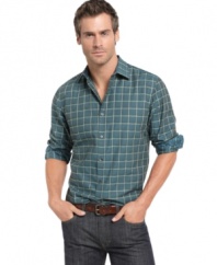 Change the everyday pattern of your wardrobe with this plaid shirt from Van Heusen.