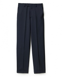 Dress him up in a sophisticated and chic suit. Pinstripe pants with four pocket styling and finished hem. Belt loops and button/zip closure. Side slit pockets and back button pockets. Pair it with the Gregory jacket for the ultimate look.