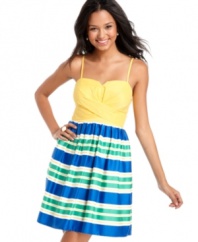 Flaunt chic, garden party style with this dress from BCX that features a super vibrant striped skirt!