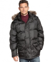 Suit up for the season with the sleek urban feel of this quilted water-resistant puffer parka, complete with a faux-fur-trimmed hood, from Perry Ellis.
