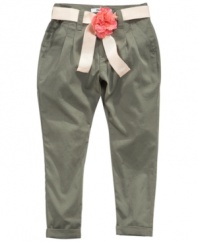 An extra special touch. These pants from DKNY get dressed up with an included belt with rosette detailing.