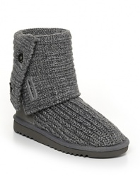 UGG Australia Cardy crocheted boot. Cozy, comfy, crocheted boot with two button detailing that is functional at the top. The boot can be worn two different ways: as a tall boot or folded over to show the button detail.