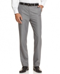 Sleek and sophisticated, these sharkskin flat front dress pants from Calvin Klein offers an extra helping of modern polish during the workweek.