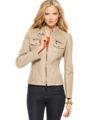 A sleek topper for spring, this MICHAEL Michael Kors leather motorcycle jacket adds stylish edge to any outfit!
