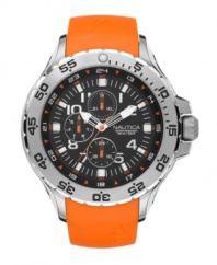 Designed for sport performance with a playful edge. Watch by Nautica crafted of orange resin logo-embossed strap and round stainless steel case. Turning bezel with black numerals. Black dial features white numerals, stick indices, minute track, three multifunctional subdials, luminous hands, logo and orange accents. Quartz movement. Water resistant to 100 meters. Five-year limited warranty.