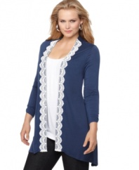 Look pulled together in a snap with AGB's layered look plus size top, featuring a handkerchief hem cardigan and scoopneck inset. (Clearance)