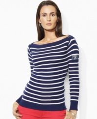 A modern twist on nautical style, Lauren Jeans Co. striped cotton top is crafted with a bateau neckline with workwear button details.
