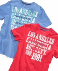 He'll show off his west coast love in this casually cool graphic tee from Guess.
