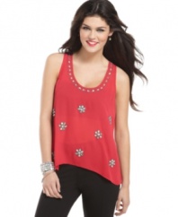 Flaunt your love of glitz in this top from Rampage that sports floral rhinestone accents and a scoop neck lined in bling!