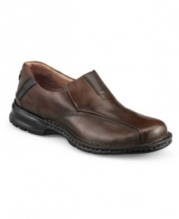 A chunky leather loafer with sporty appeal and comfort to match, this pair of men's casual shoes was crafted in soft calfskin leather with a modern bike toe and contrast panels at tongue and heel. Hidden side gore panels for easy on/off. Stitching detail along welt. Leather lined. Chunky rubber sole. Imported.