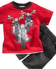 Take the show on the road. Whether he's cozied up at home or on an adventure somewhere, he'll be cute and comfy in this shirt and short set from Kids Headquarters.