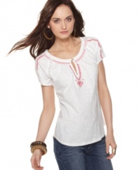 Embroidery and lace insets at the shoulders adorn this Lucky Brand Jeans top for a vintage-inspired look. Try it with flared jeans for a summer concert or outdoor soiree!