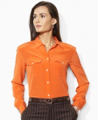 Inspired by rugged safari looks, this Lauren by Ralph Lauren shirt is updated for chic femininity in airy, fluid silk.
