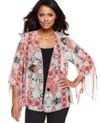 A silky kimono jacket makes the ultimate layering piece. Style&co.'s lightweight topper features an intricate print and sheer chiffon!