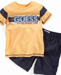 A little classic, a little urban. He'll be the perfect combination in this shirt and short set from Guess.