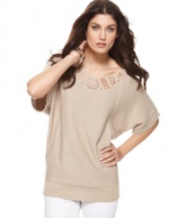 A slouchy fit and a creative crochet trim around the neckline make Joseph A's sweater a stylish option for spring! Metallic sparkle adds a touch of shine, too.