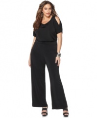 Rule the night in NY Collection's cold shoulder plus size jumpsuit, cinched by a ruched waist!
