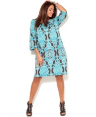 Electrify your look with INC's three-quarter sleeve plus size dress-- this season is all about bold prints!