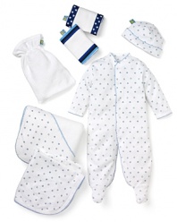 Noa Lily stars medium gift basket. Includes footies, hat, blanket, towel and two burp cloths. Stars graphic. Comes boxed.