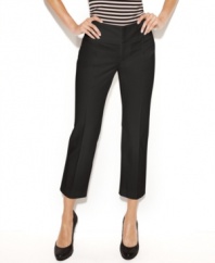 A pair of stretch cotton cropped pants from INC takes your spring wardrobe to the next level of chic! The wide waistband and flat-front style give them a streamlined silhouette.