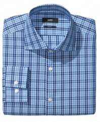Time for a cool change in your dress wardrobe--this slim-fit Hugo Boss dress shirt keeps things up to date.
