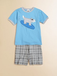 This adorable set includes a plush cotton knit with cute dog appliqué and a pair of preppy plaid, French terry shorts, creating the ultimate surf ensemble. Tee CrewneckShort sleevesSurf dog appliqué Shorts Elastic waistband with drawstringTwo front side pocketsCottonMachine washImportedAdditional InformationKid's Apparel Size Guide 