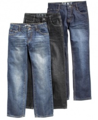 Forget big and baggy! Get it straight--these DKNY denims are what all the guys are wearing now.