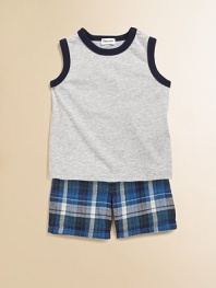 Crafted in plush cotton, this handsome man's little set is mad for plaid shorts and topped with a contrasting trimmed knit.CrewneckSleevelessPullover styleElastic waistCottonMachine washImported
