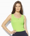 This soft, waffle-knit cotton tank top by Lauren by Ralph Lauren is cut with a chic scoop neckline to create a versatile, season-spanning essential.