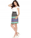 Stunning stripes adorn the skirt of this Tahari by ASL dress, contrasting the solid bodice brilliantly. The multiple tones mean pairing shoes is a cinch!