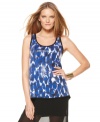 Allover transparent sequins add high shine to this printed Vince Camuto top for a glam global-inspired look!