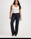 EXCLUSIVELY AT SAKS.COM. This flattering high-waist bootcut fit features soft distressing for a modern look.THE FITFitted through hips and thighs High-rise Inseam, about 34THE DETAILSZip fly with button closure Five-pocket style 70% cotton/27% polyester/3% Lycra spandex Machine wash Made in the USA of imported fabric